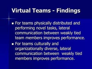 Virtual Teams - Findings
 For teams physically distributed and
performing novel tasks, lateral
communication between weak...