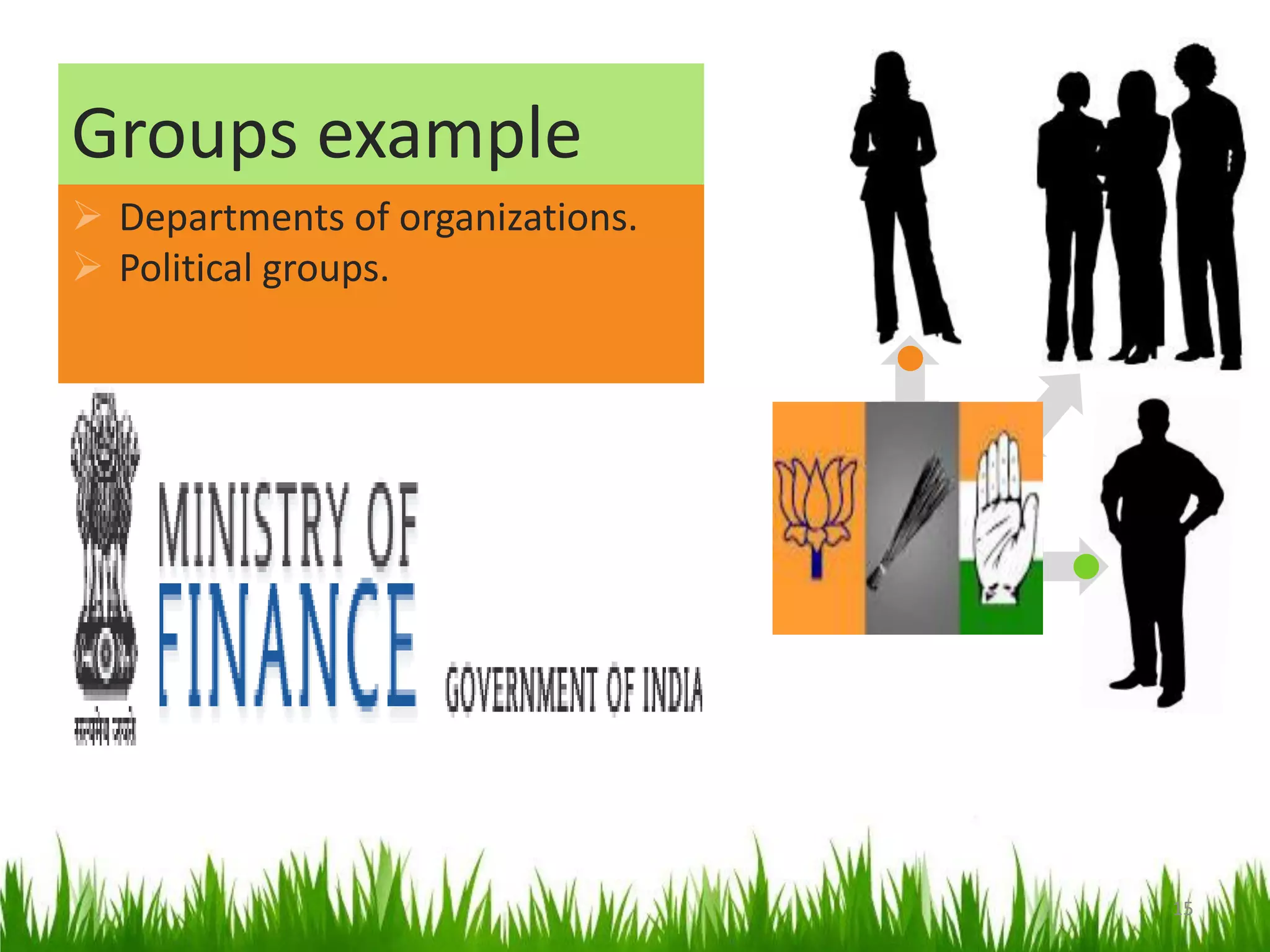  Departments of organizations.
 Political groups.
Groups example
15
 