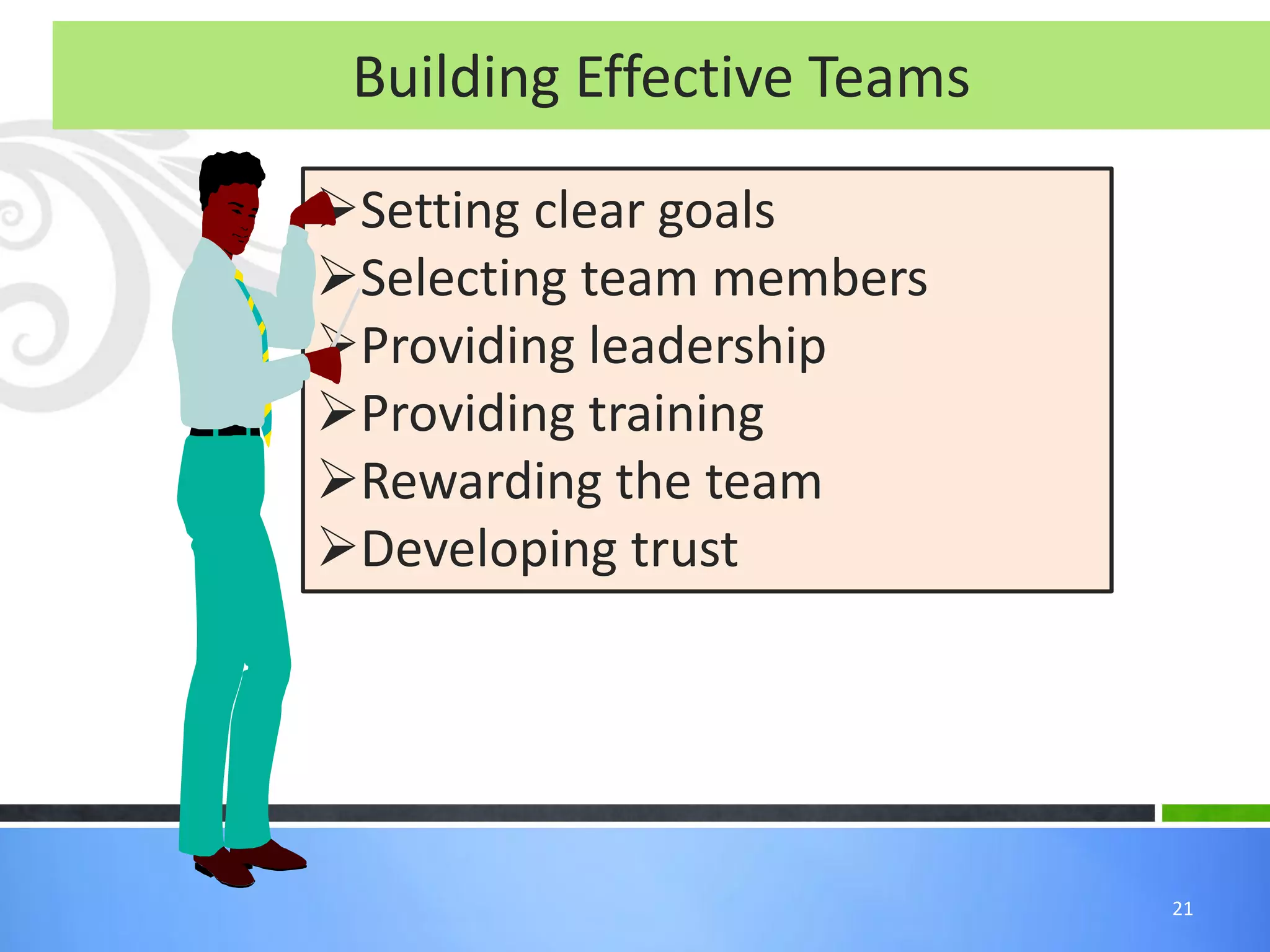 Building Effective Teams
Setting clear goals
Selecting team members
Providing leadership
Providing training
Rewarding the team
Developing trust
21
 