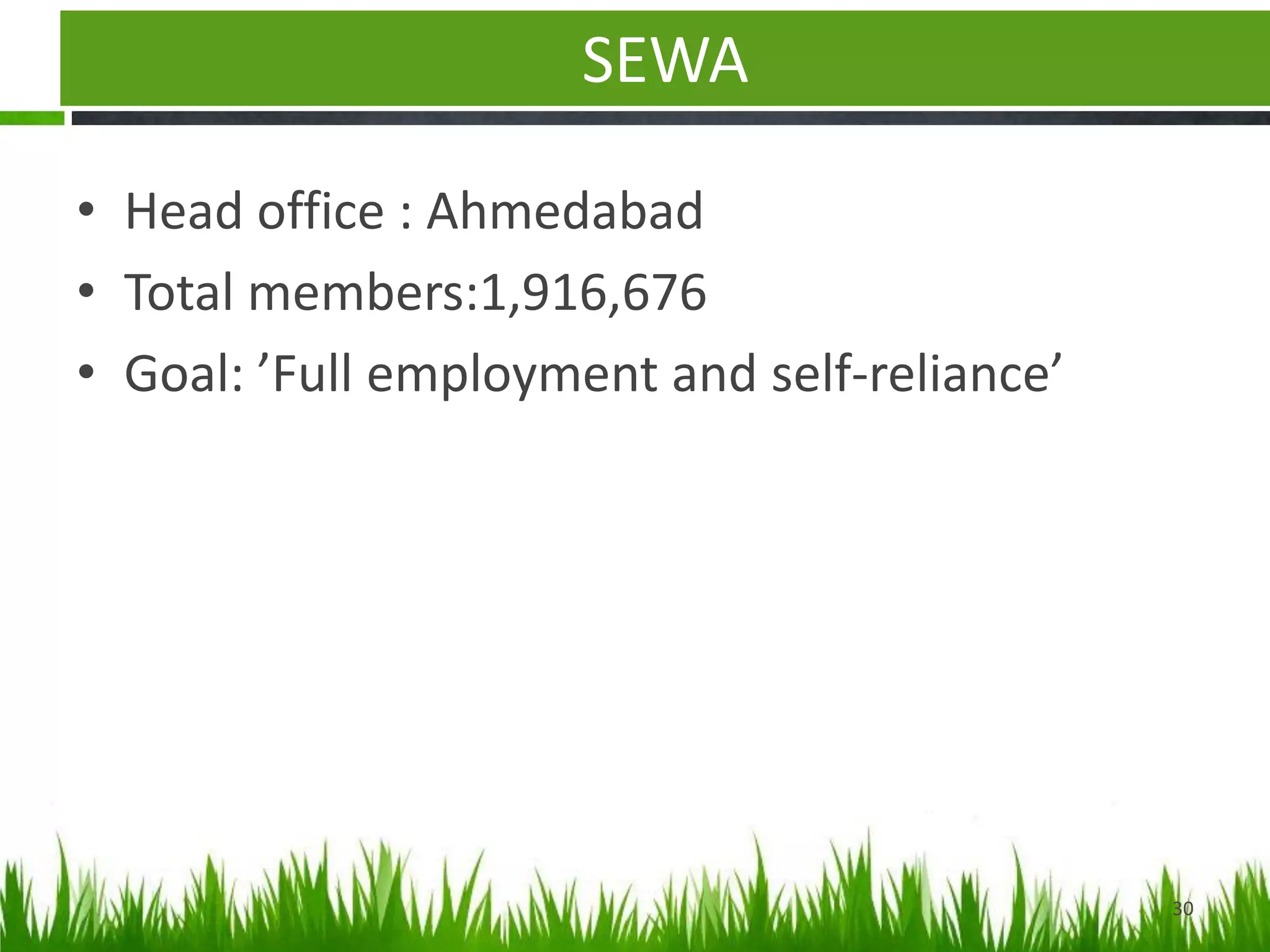 SEWA
• Head office : Ahmedabad
• Total members:1,916,676
• Goal: ’Full employment and self-reliance’
30
 