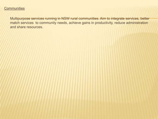 	The Roles of Individuals, Communities and Governments in Addressing the Health Inequities	Modern approaches to healthcare and health promotion acknowledge the fact that Indigenous health status results from the interaction of multiple determinants.	An “inter-sectoral” approach is required based on partnerships between people and agencies at many levels and in a variety of sectors.Government	The Office of Aboriginal and Torres Strait Islander Health (OATSIH)	www.health.gov.au/oatsih	The National Aboriginal Community Controlled Health Organisation (NACCHO)	www.naccho.org.au	The Aboriginal Health and Medical Research Council of NSW (AH&MRC)	www.ahmrc.org.auGovernment agencies aim to improve the access of Indigenous people to primary health care services.Communities	Aboriginal Community Controlled Health Services (ACCHSs) and Aboriginal Medical Services (AMSs) are primary healthcare services initiated and operated by local Aboriginal communities (clinical care, health education, promotion, screening, immunisation, counselling, trasnport to medical appointments, hearing health, sexual health, substance use and mental health).