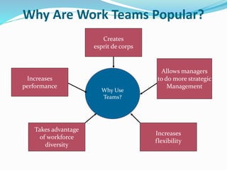 Why Are Work Teams Popular?
Why Use
Teams?
Creates
esprit de corps
Takes advantage
of workforce
diversity
Increases
flexibility
Increases
performance
Allows managers
to do more strategic
Management
 