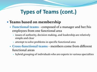 Types of Teams (cont.)
 Teams based on membership
 Functional teams - composed of a manager and her/his
employees from one functional area
 issues of authority, decision making, and leadership are relatively
simple and clear
 attempt to solve problems in specific functional area
 Cross-functional teams - members come from different
functional areas
 hybrid grouping of individuals who are experts in various specialties
 