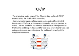 TCP/IP	
	
  	
  The	
  origina>ng	
  router	
  strips	
  oﬀ	
  the	
  Ethernet	
  data	
  and	
  sends	
  TCP/IP	
  
    packets	
  across	
  the	
  LAN-­‐to-­‐LAN	
  connec>on.	
  
	
  	
  A	
  communica>ons	
  protocol	
  developed	
  under	
  contract	
  from	
  the	
  U.S.	
  
    Department	
  of	
  Defense	
  to	
  internetwork	
  dissimilar	
  systems.	
  Invented	
  by	
  
    Vinton	
  Cerf	
  and	
  Bob	
  Kahn,	
  this	
  de	
  facto	
  Unix	
  standard	
  is	
  the	
  protocol	
  of	
  
    the	
  Internet	
  and	
  the	
  global	
  standard	
  for	
  local	
  area	
  networks	
  and	
  wide	
  area	
  
    networks,	
  the	
  major	
  excep>on	
  being	
  the	
  tradi>onal	
  networks	
  of	
  the	
  
    telephone	
  companies.	
  	
 