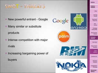 New powerful entrant - Google Many similar or substitute products Intense competition with major rivals Increasing bargaining power of buyers Outline Industry Analysis Why? Driving Forces Dominant Features Five  Forces Strategy Group Map Key Success Factors Company Analysis Overview Value Chain Analysis SWOT Analysis Competencies Business Analysis Competitive Strategy Recommendations 