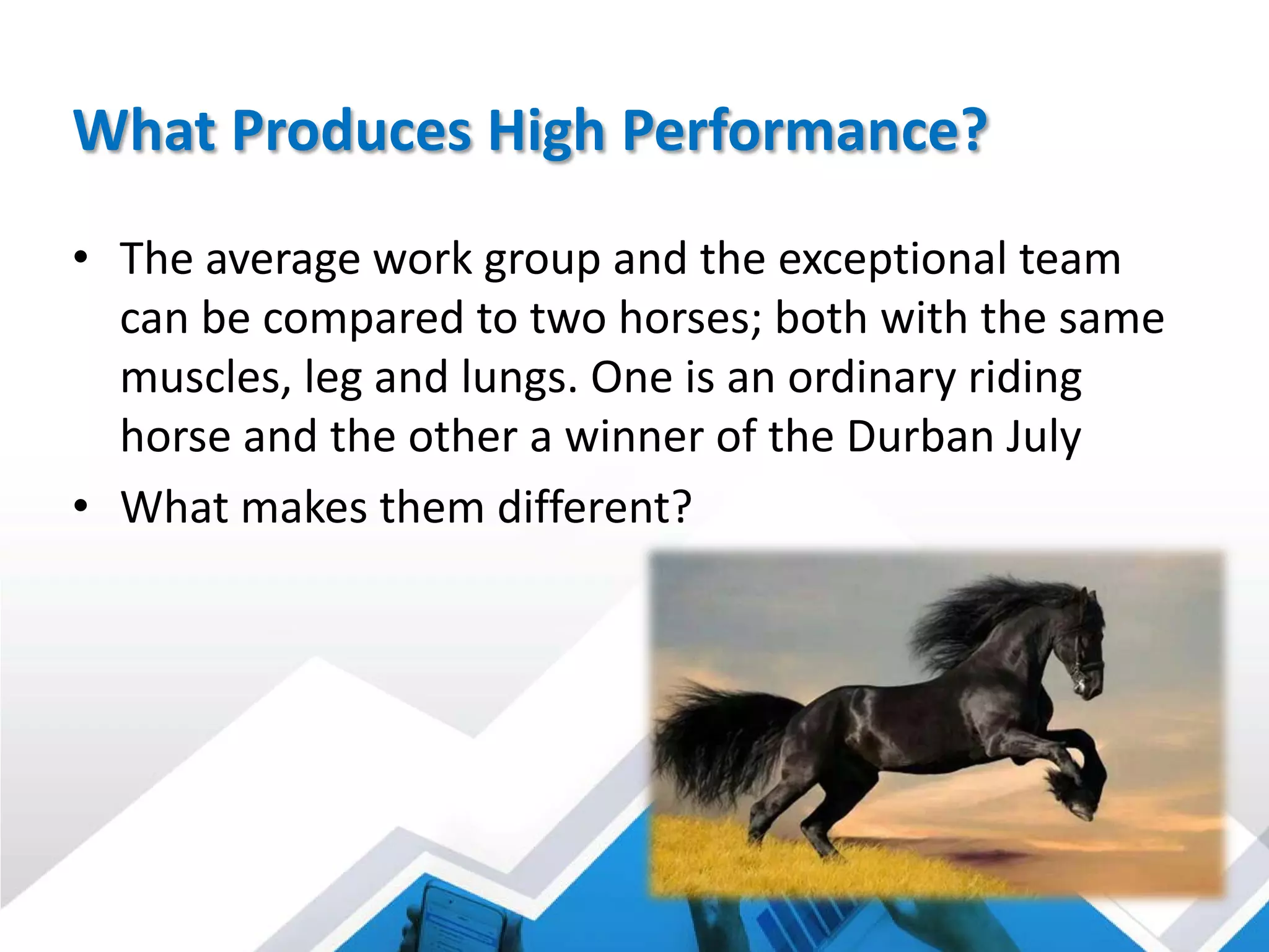 What Produces High Performance?
• The average work group and the exceptional team
can be compared to two horses; both with the same
muscles, leg and lungs. One is an ordinary riding
horse and the other a winner of the Durban July
• What makes them different?
 