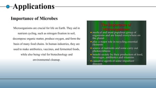 Applications
Importance of Microbes
Microorganisms are crucial for life on Earth. They aid in
nutrient cycling, such as nitrogen fixation in soil,
decompose organic matter, produce oxygen, and form the
basis of many food chains. In human industries, they are
used to make antibiotics, vaccines, and fermented foods,
while also being vital for biotechnology and
environmental cleanup.
 