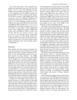 The results from model 1 were statistically sig-
nificant, and specifically at step 2 the DR2
was .044,
F(1,77) 04.11, p 0.05. The relationship between
GSRS scores and ORS-fourth session was sr 0.23,
p0.04, suggesting that the GSRS accounted for
approximately 5.3% of the variance in early change.
The results for model 2, using GSRS scores from
session two, were not statistically significant and
specifically at step two the DR2
was .011, F(1, 68) 0
4.36, p0.35. The semipartial correlation between
GSRS-second session and ORS-fourth session (after
controlling for ORS at intake) was sr 0.11, p0.35,
suggesting that the alliance accounted for 1.2% of
the variance in early change. Finally, GSRS third
session scores significantly predicted ORS-fourth
session, after controlling for ORS at intake. The
DR2
was .242, F(1, 74) 022.42, pB.001, sr 0.56,
pB.001. It is not surprising that the session right
before the measure of early change would be a
stronger predictor and in this case the third session
alliance accounted for 31.4% of the variance in early
change. Collectively, these results partially support
our hypothesis 5.
Discussion
Brief, reliable and valid measures of therapy pro-
cesses and outcomes can be an efficient way to gain
feedback from clients to guide the therapy process.
Here, we have provided initial support for a new
brief measure for group therapy Á the GSRS.
Specifically, we found the four items of the GSRS
can be thought of as a measure of global alliance
within group therapy, which has adequate reliability
(both alpha estimates and test-retest correlations).
GSRS scores were also found to correlate with other
measures that assess similar key group processes,
thus providing evidence for concurrent validity. This
conceptualisation is consistent with group theory
literature that emphasises the commonality under-
lying all group processes (Yalom  Leszcz, 2005).
Although other measures are longer and may directly
tap individual elements of alliance, the GSRS seems
to capture key aspects in a brief and reliable format.
Tracking the relationship between alliance and
therapy outcomes is a gold standard in providing
support for the predictive validity of alliance mea-
sures. Although we did not have information regard-
ing therapy outcomes at the end of therapy, we were
able to assess early change (change in distress from
first to fourth session), which is a strong indicator of
therapy outcomes (Anker et al., 2010). On average,
clients started in the clinically distressed range (ORS
score of 20.86), but reported less distress (i.e. 27) by
the fourth session and this degree of change was
related to clients’ GSRS scores. Clients’ first and
third session GSRS scores were found to be pre-
dictive of early changes in distress. Counter to our
expectations, GSRS second session scores were not
predictive of distress without clear reason as to why
this session would produce different results. Despite
this incongruity, scores from session one and three
lend support for the value of the GSRS in the
prediction of early psychological change.
The merits of our study should be considered in
concert with methodological limitations. Although
the overall sample size was fairly large, the small
number of groups coupled with the open group
format limits more nuanced interpretations of spe-
cific group differences. Future studies may be able to
address this shortcoming by utilising groups from a
variety of settings, with larger numbers of partici-
pants. Also, the groups utilised were specific to self
or other alcohol/addiction issues, which may limit
generalisability of the results to other types of groups
or populations. Although we cannot be certain how
the GSRS functions within other clinical settings,
addiction-related therapy groups are common and
group processes have been found to underlie most
therapy groups (Yalom  Leszcz, 2005).
We relied on client and therapist self-reports of the
group process, which is a common limitation of
many alliance-based studies (Horvath et al., 2011).
While the use of therapist-ratings is an asset, future
research may want to extend the examination of the
GSRS to external observer-ratings of the group
process (Chapman et al., 2010). Finally, the current
study only assessed early psychological changes in
distress, which limits our ability to predict whether
these changes would extend over longer periods.
However, consistent with current research, a large
majority of change in psychological functioning
occurs during early phases of therapy (Baldwin
et al., 2009).
Several important implications can be drawn from
the current study. The GSRS provides group leaders
with information about the alliance as it pertains to
both the group and the leader, simultaneously. The
brevity of the measure allows leaders to use scores as
a barometer for how each group member feels about
the group process. In a closed interpersonal process
group leaders can utilise the GSRS as a way to
generate discussion about the here-and-now. For
example, if three of the eight group members are
Group Session Rating Scale 5
 