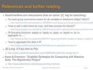 References and further reading
●    StackOverflow.com discussions (has an active “[r]” tag for searching)
       ●   “for ...