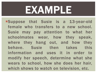 Suppose that Susie is a 13-year-old
female who transfers to a new school.
Susie may pay attention to what her
schoolmates wear, how they speak,
where they hang out, and how they
behave. Susie then takes this
information and uses it in order to
modify her speech, determine what she
wears to school, how she does her hair,
which shows to watch on television, etc.
EXAMPLE
 