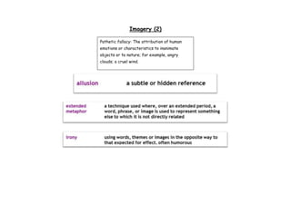 Imagery (2)
Pathetic fallacy: The attribution of human
emotions or characteristics to inanimate
objects or to nature; for example, angry
clouds; a cruel wind.

 