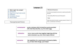 Language (1)







What might this include?
Alliteration
Repetition of particular words
Assonance
Vocabulary choices
Word classes

Tense (past/present/future)

Alliteration & Assonance
Are there any repeated consonant or vowel sounds within
the line?
How do they effect the sound of the poem?
Tense
What tense does the writer use-past, present or future? Is
there a combination of all three?

 