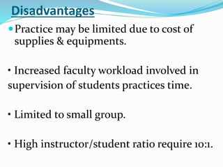 Disadvantages
Practice may be limited due to cost of
supplies & equipments.
• Increased faculty workload involved in
supervision of students practices time.
• Limited to small group.
• High instructor/student ratio require 10:1.
 