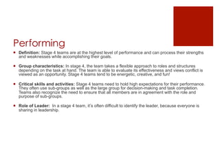 Performing
¡  Definition: Stage 4 teams are at the highest level of performance and can process their strengths
    and weaknesses while accomplishing their goals.

¡  Group characteristics: In stage 4, the team takes a flexible approach to roles and structures
    depending on the task at hand. The team is able to evaluate its effectiveness and views conflict is
    viewed as an opportunity. Stage 4 teams tend to be energetic, creative, and fun!

¡  Critical skills and activities: Stage 4 teams need to hold high expectations for their performance.
    They often use sub-groups as well as the large group for decision-making and task completion.
    Teams also recognize the need to ensure that all members are in agreement with the role and
    purpose of sub-groups.

¡  Role of Leader: In a stage 4 team, itʼ’s often difficult to identify the leader, because everyone is
    sharing in leadership.
 