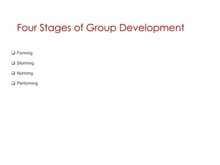 Four Stages of Group Development

q  Forming

q  Storming

q  Norming

q  Performing
 