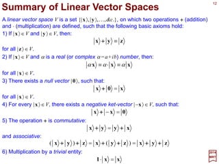 5. Lower indices are used to label ket basis vectors (e.g., {|êi 〉,i=1,…,n}); upper indices
are used to label components of ket-vectors. Consequently, if xi are components of |x〉
with respect to the set of basis states kets {|êi 〉}, then we have the ket-vectors:
12
2017
MRT
∑=
=
n
i
i
i
x
1
ˆex
6. Upper indices are used to label basis-vectors (e.g., {|êi 〉,i=1,…,n}); lower indices are
used to label components of bra-vectors:
∑=
=
n
i
i
ix
1
ˆex
The raising and lowering of the index in this way is a desirable convention, since the
scalar product can be written as:
∑=
=
n
i
i
i yx
1
†
yx
where † indicates that Hermitian conjugation of an arbitrary matrix xi which is obtained
by taking the complex conjugate, * (i.e., replacing i=√(−1) by −i) of the matrix, xi
* and
then the transpose, T (i.e., interchanging corresponding rows and columns), xi
*T, of the
complex conjugate matrix such that:
T*†
ii xx =
 