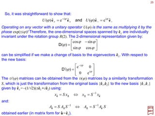 25
)()()()()()( 2121 gggggggg DDDDDD =⇔=
2017
MRT
Let us examine how the basic property of the representation operators (i.e., U(g)U(g)=
U(gg)), can be expressed in terms of the { D(g), g∈G} matrices. Apply the operators on
both sides of U(g1)U(g2)=U(g1g2) with:
∑∑∑ ==
= k j
k
j
i
k
j
n
j
j
j
ii ggggUgUgU eee ˆ)]([)]([ˆ)]([)(]ˆ)()[( 21
1
2121 DDD
Since |êi〉 form a basis, we conclude that:
where matrix multiplication is implied. So, since D(G)={ D(g), g∈G} satisfy the same
algebra as U(G), the group of matrices D(G) forms a matrix representation of G.
∑=
=
n
j
j
j
ii ggU
1
22 ˆ)]([ˆ)( ee D
we get:
∑=
k
k
k
ii ggggU ee ˆ)]([ˆ)( 2121 D
)()()( 2121 ggUgUgU =
to the basis vectors, and we obtain:
and since, in this case:
 