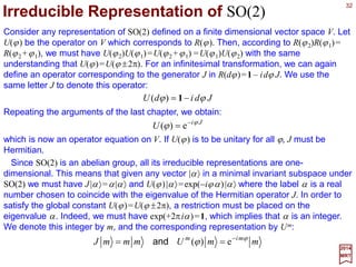 32
)()()( 1212 ϕϕϕϕ += RRR
2017
MRT
Two rotation operations can be applied in succession, resulting in an equivalent single
rotation. Geometrically, it is obvious that the law of composition (or multiplication) is:
with the understanding that if ϕ1 +ϕ2 goes outside the range [0,2π], we have:
)π2()( ±= ϕϕ RR
So, with the law of multiplication, and with the definitions that R(ϕ =0)≡1 and R(ϕ)−1 =
R(−ϕ)=R(2π−ϕ), the two-dimensional rotation {R(ϕ)} form a group called the R2 or
SO(2) group. Note that R(ϕ2)R(ϕ1)=R(ϕ2+ϕ1) above implies R(ϕ1)R(ϕ2)=R(ϕ2)R(ϕ1) for
all ϕ1,ϕ2. Thus, the group SO(2) is Abelian.
Now, consider an infinitesimal SO(2) rotation by an angle dϕ. Differentiability of R(ϕ) in
requires that R(dϕ) differs from R(0)≡1 by only a quantity of order dϕ which we define by
the relation:
JdidR ϕϕ −= 1)(
where the (complex) factor −i is included by convention and for later convenience (e.g.,
to make things Hermetian by definition!) Furthermore, the quantity J is independent of
the rotation angle dϕ.












−





=
2221
1211
0
0
10
01
)(
JJ
JJ
d
d
idR
ϕ
ϕ
ϕ
In matrix form, R(dϕ) is represented by:
where the 4 components of J needs to be found.
 