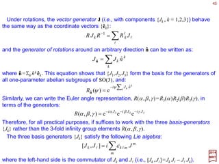 1
x
x
2
3, z
α
y, y, n
β
α
β
Z, z
γ
γ
Y
ˆ
X
The Euler angles α, β, and γ.
2017
MRT
A very useful identity involving group multiplication in the
angle-and-axis parameterization is:
1
ˆ )()( −
= RRRR ψψn
A rotation can also be specified by the relative configuration of two Cartesian coordinate
frames labelled [1,2,3] (i.e., the rotated frame or body frame) and [X,Y,Z] (i.e., the fixed
frame or inertial frame), respectively. The effect of a given rotation R is to bring the axes
of the fixed frame to those of the rotated frame. The three Euler angles [α,β,γ ] which
determine the orientation of the latter with respect to the former are depicted in the
Figure. In addition to the coordinate axes, the definition makes use of an interme-diate
vector n which lies along the nodal line where the [1,2] and [X,Y] planes intersect.
Making use of the angle-and-axis notation of the previous chapter, we can write:
Euler Angles α, β & γ
where 0≤α, γ <2π and 0≤β ≤π. The fixed axes are brought to the rotated axes by suc-
cessive applications of the three rotations on the right-hand side of the above equation.
where R is an arbitrary rotation and n is the unit vector obtained
from n by the rotation R (i.e., n= Rn). Thus the rotational matrix
Rn(ψ ) is obtained from that of Rn(ψ ) (N.B., the same angle of
rotation) by a similarity transformation.
ˆ
ˆ ˆ ˆ
ˆ ˆ
ˆ
45
R(α,β,γ )=RZ(γ )Rn(β)R3(α)
ˆn
ˆ
 