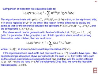 63
2017
MRT
How does the Pauli wave function ψ σ (x) transform under rotation? Well, we have:
∑∫
∑∫
∑∫ ∑
∑∫
∞
∞−
∞
∞−
−
∞
∞−
∞
∞−
=
=
=
==
λ
λ
λσ
σλ
σ
σ λ
λ
σ
σ
σ
σ
λψ
λψ
λψ
σψ
,)(
,)(][
,][)(
,)()()(
3
1)21(3
)21(3
3
xxx
xxx
xxx
xxx
d
RRd
RRd
RUdRU
D
D
ΨΨΨΨΨΨΨΨ
Hence, ΨΨΨΨ → ΨΨΨΨ such that:R
∑ −
=
σ
σλ
σ
λ
ψψ )(][)( 1)21(
xx RRD
There are numerous examples of multi-component wave functions or fields in addition
to Pauli wave functions: the electric field Ei(x), magnetic field Bi(x), the velocity field of a
fluid vi(x), the stress and strain tensors σ ij and τ ij, the energy-momentum density tensor
T µν (x), the Dirac wave function for relativistic spin-½ particles ihΣµγ µ∂µψ(x)−mcψ (x)=0,
&c.
The above result can be generalized to cover all these cases. In fact, we shall use
the transformation property under SO(3) to categorize these objects.
 