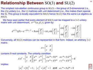 64
∑ −
=→
j
jj
j
j
n
nm
n
jmR
RR )(][)(: 1)(
xx φφφφ D
2017
MRT
A set of multi-component functions {φmj(x), mj =−j,…, j} of the coordinate vector is said
to form an irreducible wave function or irreducible field of spin j if they transform under
rotations as:
where D( j)[R]mj
nj
is the angular momentum j irreducible representation matrix for SO(3).
Among the physical quantities cited above, the electromagnetic fields Ei(x) and Bi(x)
and the velocity field vi(x) are spin-1 ( j=1) fields, the Pauli wave function ψ σ (x) is a
spin-½ ( j=1/2) field, the Dirac wave function ψ (x) (and its adjoint ψ (x)=ψ †γ 0 such as to
be able to form the Lagrangian density as L =ihcψ Σµγ µ∂µψ −mc2ψ ψ ) is a reducible field
consisting of the direct sum of two spin-½ (1/2⊕1/2) irreducible fields, and the stress
tensor σ ij is a spin-2 ( j=2) field.
¯
¯ ¯
 