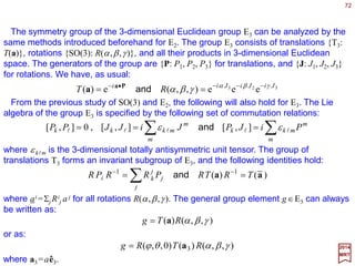 72
2017
MRT
The fact that every SU(2) matrix is associated with a rotation can be seen in another
way. Let us associate every coordinate vector x=[x1,x2,x3], with a 2×2 Hermitian matrix:
∑=
i
i
i xX σ
where:






−
=




 −
=





=
10
01
0
0
01
10
321 σσσ and,
i
i
are the Pauli matrices. It is easy to see that:
2
321
213
det x=
−+
−
−=−
xxix
xixx
X
Now let A be an arbitrary SU(2) matrix which induces a linear transformation on X=Σiσi xi :
1−
=→ AXAXX
Since X is Hermitian, so is X. This SU(2) similarity transformation above induces and
SO(3) transformation in the three-dimensional Euclidean space. The mapping A∈SU(2)
to R∈SO(3) is two-to-one, since the two SU(2) matrices ±A correspond to the same
rotation.
 