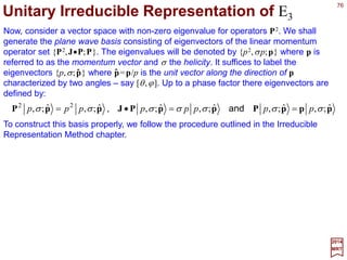 76
jjjj mppmpPmpPmpP ,ˆ,ˆ0,ˆ,ˆ 321 zzzz === and
2017
MRT
A particle is said to possess intrinsic spin j if the quantum mechanical states of that
particle in its own rest frame are eigenstates of J 2 with the eigenvalue j( j+1). We shall
denote these state by |p=0,mj 〉 where the spin index mj =−j,…, j is the eigenvalue of the
operator J3 in the rest frame (N.B., the subscript 3 refers to an appropriatelychosen z-direc-
tion). The question to be addressed is the following: What is the most natural and conve-
nient way of characterizing the state of such a system when the particle is not at rest?
Single Particle State with Spin
Because of the important role played by conserved quantities, we know by experience
that we are interested in states with either definite linear momentum p or definite energy
and angular momentum [E,J,mo ], depending on the nature of the problem. For a particle
with spin-j, however, there are 2j+1 spin states for each p or [E,J,mo ]; our problem
concerns the proper characterization of these spin states.
In order to define unambiguously a particle state with linear momentum of magnitude p
and direction n(θ,ϕ), let us follow the general procedure used in the Particle in a Central
Field chapter:
1. specify a standard state in a fixed direction (usually chosen to be along the z-axis);
2. define all states relative to a standard state using a specific rotational operation.
ˆ
Since along the direction of motion (z-axis) there can be no orbital angular momentum,
the spin index mj can be interpreted as the eigenvalue of the total angular momentum J
along that direction.
The standard state is an eigenstate of momentum with componentsp1 =p2 =0,andp3 =p:
 