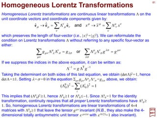 81










++++
+−+−+
=
100
cossin)sin()sin(
sincos)sin()cos(
),( 2
1
1
21
1
212121
1
1
1
21
1
212121
33 aaa
aaa
g θθθθθθ
θθθθθθ
θa
2017
MRT
This gives (Exercise):
One obtains in general the group multiplication rule:
),(),(),( 331122 θθθ aaa ggg =
where θ3 =θ1+θ2 and a3 =R(θ2)a1+a2, since the order of matrix (and/or group) multipli-
cation is important (Exercise). We also see that the inverse to g(a,θ) is g[−R(−θ)a,−θ].
The transformation rule embodied in the above equation can be expressed in matrix
form if we represent each point x by a three-component vector [x1,x2,1] and the group
element by:









 −
=
100
cossin
sincos
),( 2
1
a
a
g θθ
θθ
θa
where in the last step we erformed the matrix multiplications and used trigonometric
identities to obtain the displayed result. We can clearly identify:
1213213 )( aaa +=+= θθθθ Rand
 