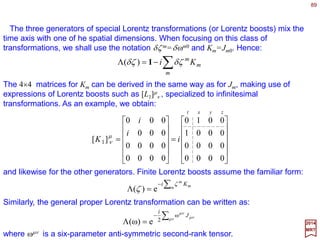 89
2017
MRT
First, we consider a subspace characterized by a standard vector p=p0 ≡p0z. Since p0
is along the z-axis, the only rotations which do not change its value are rotations around
the z-axis, R3(ϕ)=exp(−iϕ J3) (i.e., technically this means that the little group of p0 is
isomorphic to SO(2)). The irreducible representations of SO(2) are all one-dimensional –
they are labelled by one index σ =0,±1,±2,… which is the eigenvalue of the generator J3.
In the present case, these states are also eigenstates of P with eigenvalue p0. When
acting on vectors of this subspace, the Casimir operator J•P has the following effect:
ppJ σ==•=• 30pJPJ
ˆ ˆ ˆ
ˆ
Thus the σ parameter of J•P|p,σ;p〉=σ p|p,σ;p〉 can be identified with the SO(2)
representation label, and it can only be an integer. It follows that the basis vectors of the
subspace corresponding to the standard vector p0 behave under the little group
transformations (c.f., Um(ϕ)|m〉=exp(−imϕ)|m〉) as:
ˆ ˆ
003 ˆ;,eˆ;,)( pp σσψ ψσ
ppR i−
=
and under translations (c.f., P|p,σ;p〉=p|p,σ;p〉) as:
ˆ
00 ˆ;,eˆ;,)( 0
ppa pa
σσ ppT i •−
=
ˆ ˆ
ˆ
 