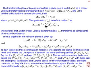 90
2017
MRT
Second, the full vector space for the irreducible representation of E3 labelled by (p,σ)
can be constructed be generating new basis vectors from |p,σ;p0〉 with the help of
rotations which are not in the little group. To be specific, we shall define:
ˆ
0ˆ;,)0,,(ˆ;, pp σθϕσ pRp =
where p=R(ϕ,θ,0)p0. The basis vectors defined by this equation have the required
properties specified by our equations P2|p,σ;p〉=p2|p,σ;p〉, J•P|p,σ;p〉=σ p|p,σ;p〉, and
P|p,σ;p〉=p|p,σ;p〉. The effect of group operations on these vectors is:
ˆ ˆ
ˆ ˆ ˆ ˆ
ˆ ˆ
ppppa pa ˆ;,eˆ;,),,(ˆ;,eˆ;,)( σσγβασσ ψσ
ppRppT ii −•−
== and
where p=[θ,ϕ], p =[θ,ϕ], pk =Σj [R(α,β,γ)]k
j p j, and ψ is the angle to be determined from
the equation:
ˆˆ
)0,,(),,()0,,(),0,0( 1
θϕγβαθϕψ RRRR −
=
The above results confirms that the vector space with {|p,σ;p〉} as its basis is
invariant under the E3 group and that the equations T(a)|p,σ;p〉= exp(−ia•p)|p,σ;p〉 and
R(α,β,γ)|p,σ;p〉=exp(−iσψ )|p,σ;p〉 above define a unitary representation of E3. This
representation is irreducible since all basis vectors are generated from one single
vector |p,σ;p0〉 by group operations, and no smaller invariant subspace exists.
ˆ
ˆ ˆ
ˆˆ
ˆ
Finally, the proper normalization condition is:
)()cos(cosπ4)(;,;, ϕϕδθθδδσσ −−≡Ω−Ω≡≡ pppp pppp
 
