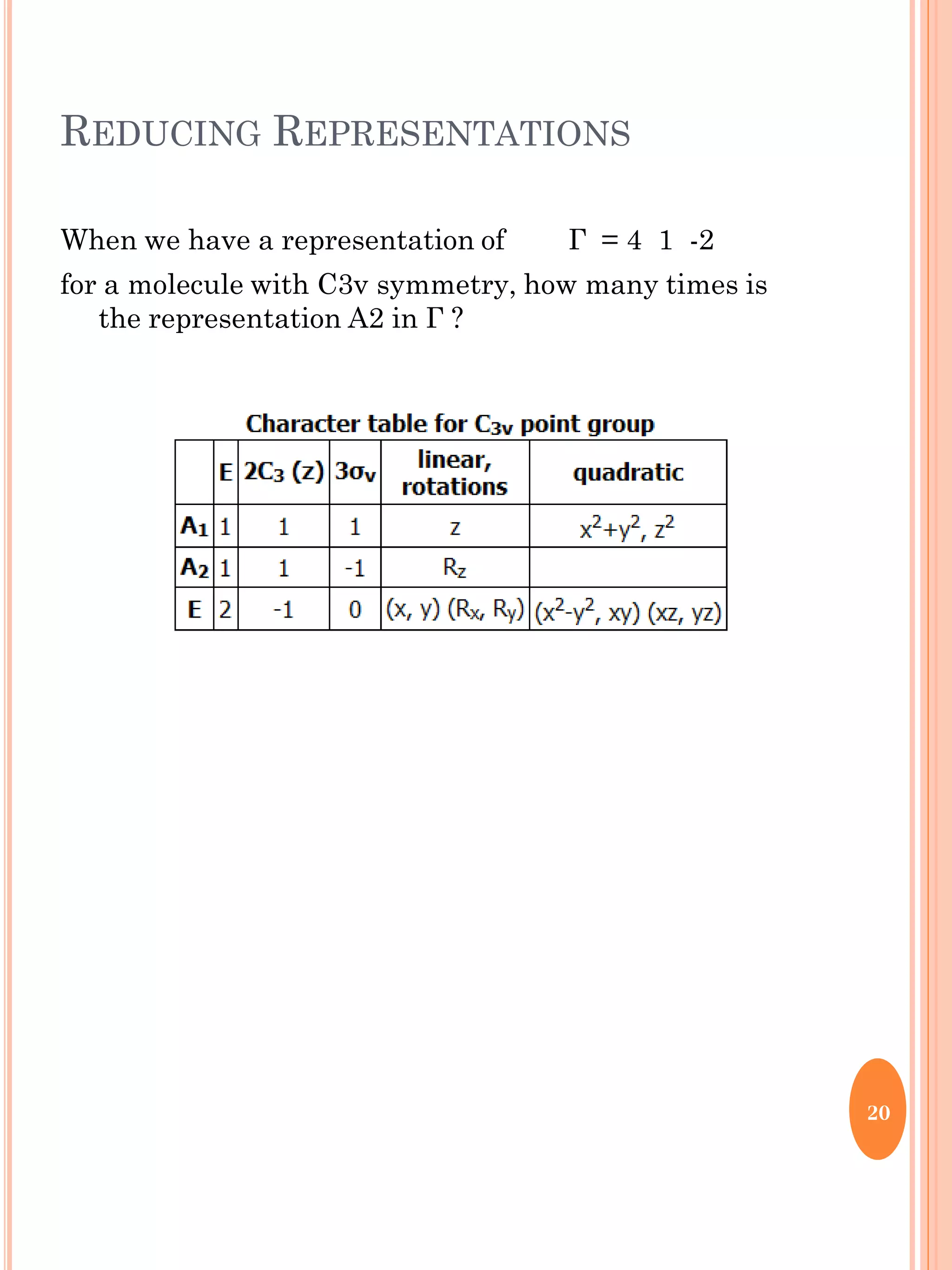 REDUCING REPRESENTATIONS
When we have a representation of Г = 4 1 -2
for a molecule with C3v symmetry, how many times is
the representation A2 in Г ?
20
 