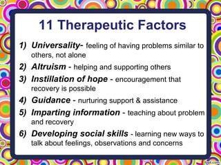 11 Therapeutic Factors
1) Universality- feeling of having problems similar to
others, not alone
2) Altruism - helping and supporting others
3) Instillation of hope - encouragement that
recovery is possible
4) Guidance - nurturing support & assistance
5) Imparting information - teaching about problem
and recovery
6) Developing social skills - learning new ways to
talk about feelings, observations and concerns
 