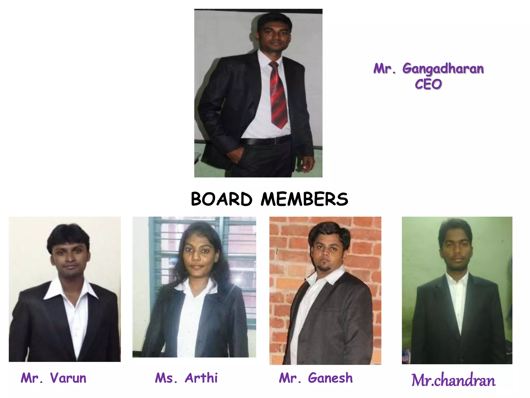 Mr. Gangadharan
CEO
Mr. Varun Mr. GaneshMs. Arthi
BOARD MEMBERS
Mr.chandran
 