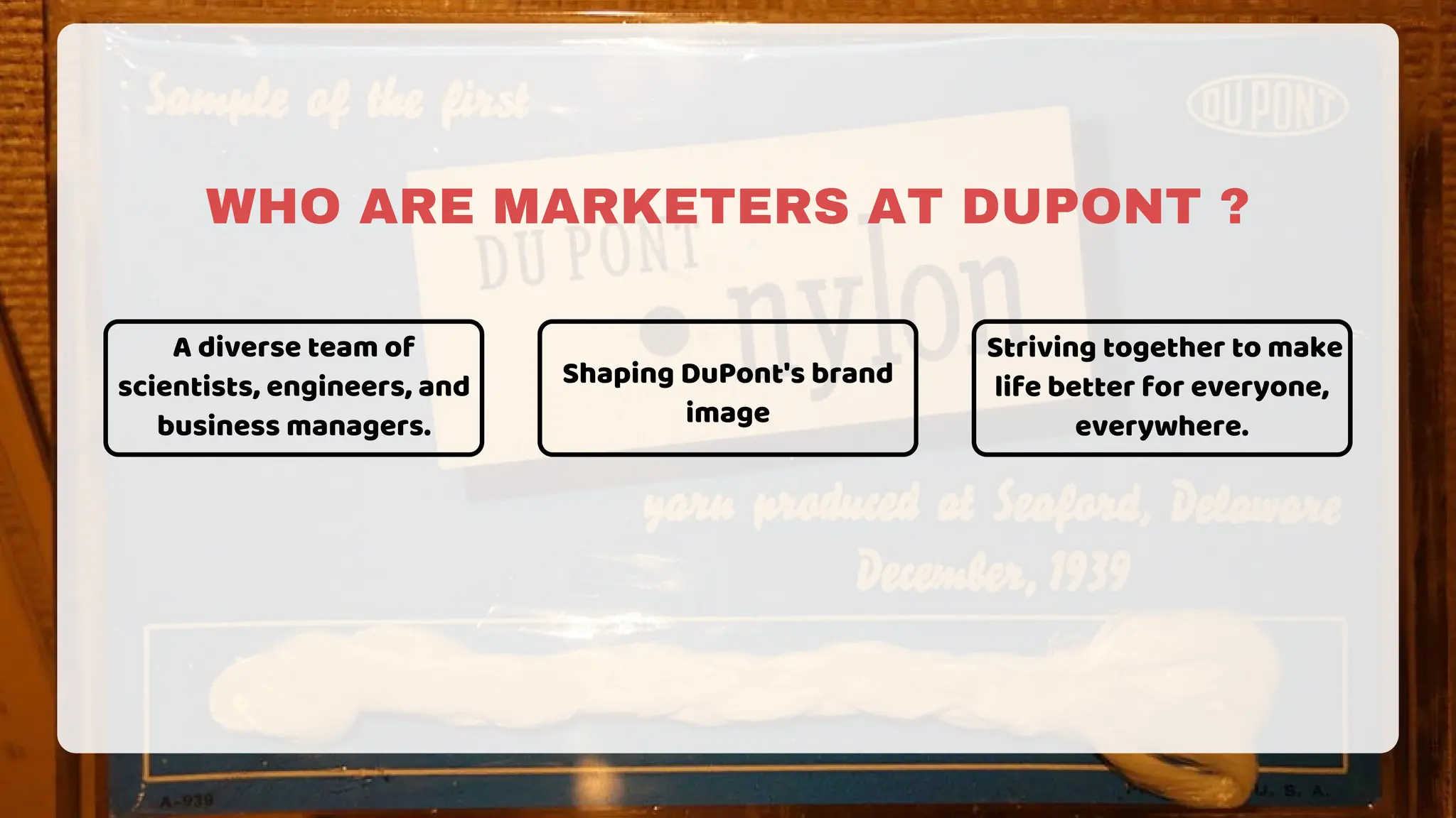 WHO ARE MARKETERS AT DUPONT ?
A diverse team of
scientists, engineers, and
business managers.
Striving together to make
life better for everyone,
everywhere.
Shaping DuPont's brand
image
 