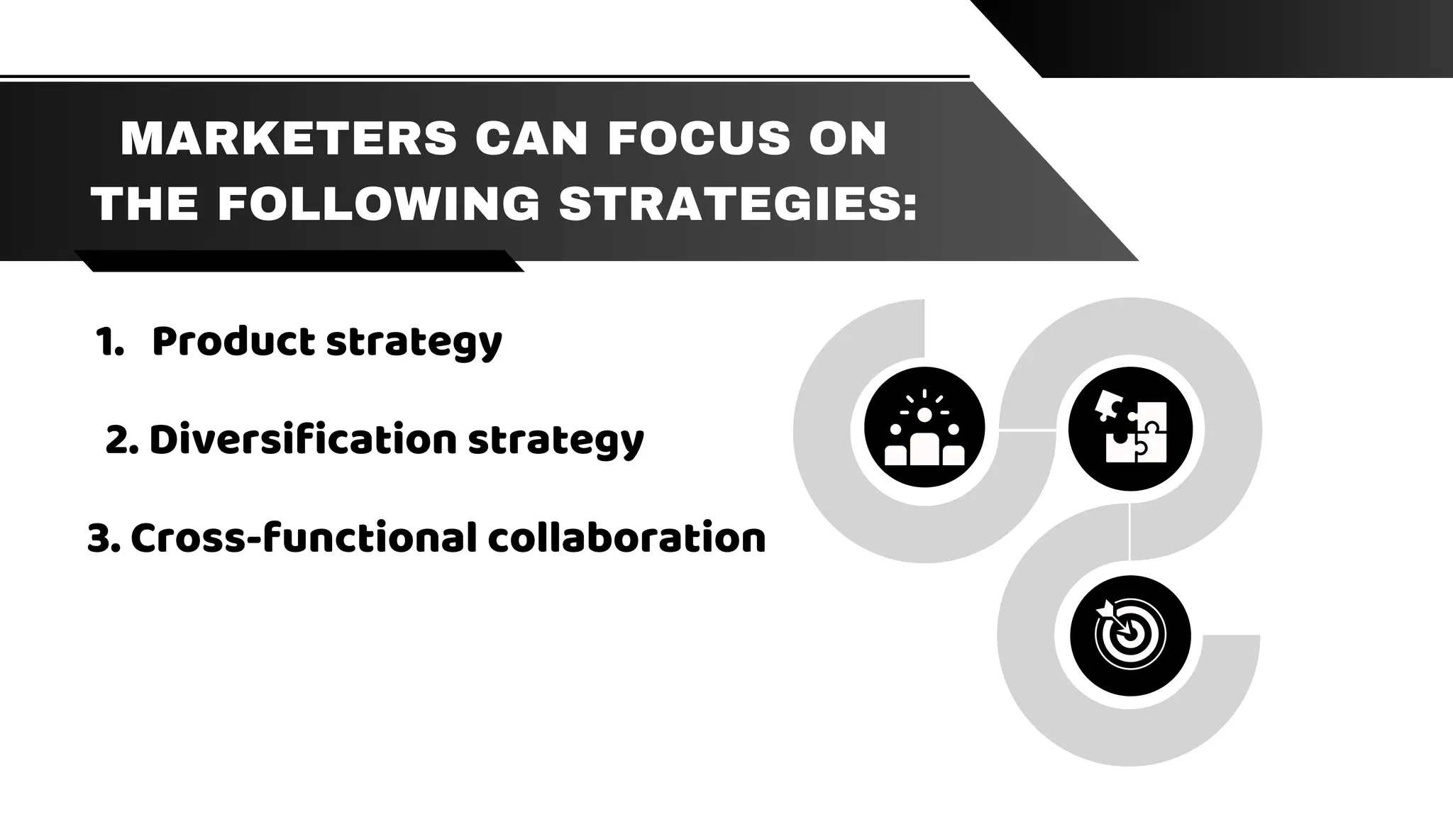 MARKETERS CAN FOCUS ON
THE FOLLOWING STRATEGIES:
Product strategy
1.
2. Diversification strategy
3. Cross-functional collaboration
 