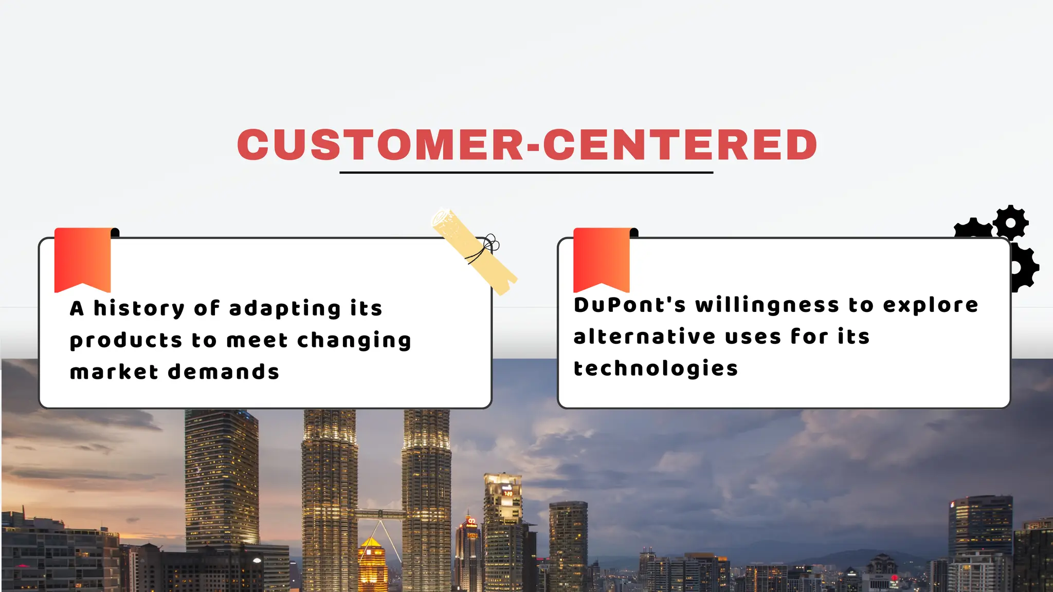 A history of adapting its
products to meet changing
market demands
DuPont's willingness to explore
alternative uses for its
technologies
CUSTOMER-CENTERED
 