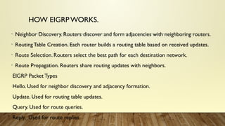 HOW EIGRPWORKS.
• Neighbor Discovery. Routers discover and form adjacencies with neighboring routers.
• RoutingTable Creation. Each router builds a routing table based on received updates.
• Route Selection. Routers select the best path for each destination network.
• Route Propagation. Routers share routing updates with neighbors.
EIGRP Packet Types
Hello. Used for neighbor discovery and adjacency formation.
Update. Used for routing table updates.
Query. Used for route queries.
Reply. Used for route replies.
 