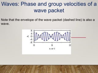 Note that the envelope of the wave packet (dashed line) is also a
wave.
Waves: Phase and group velocities of a
wave packet
 