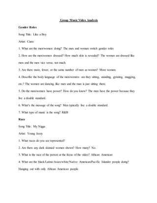 Group Music Video Analysis 
Gender Roles 
Song Title: Like a Boy 
Artist: Ciara 
1. What are the men/women doing? The men and women switch gender roles 
2. How are the men/women dressed? How much skin is revealed? The women are dressed like 
men and the men vice versa; not much. 
3. Are there more, fewer, or the same number of men as women? More women. 
4. Describe the body language of the men/women: are they sitting, standing, gyrating, mugging, 
etc.? The women are dancing like men and the man is just sitting there. 
5. Do the men/women have power? How do you know? The men have the power because they 
live a double standard. 
6. What³s the message of the song? Men typically live a double standard. 
7. What type of music is the song? R&B 
Race 
Song Title: My Nigga 
Artist: Young Jeezy 
1. What races do you see represented? 
2. Are there any dark skinned women shown? How many? No. 
3. What is the race of the person at the focus of the video? African American 
4. What are the black/Latino/Asian/white/Native American/Pacific Islander people doing? 
Hanging out with only African American people. 
 