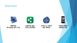 Overview
체계적인
문서/일정 관리 기능
비용부담 없는
자유 소프트웨어
오픈소스 기반의
높은 확장성
다양한 환경의
플랫폼 지원
 