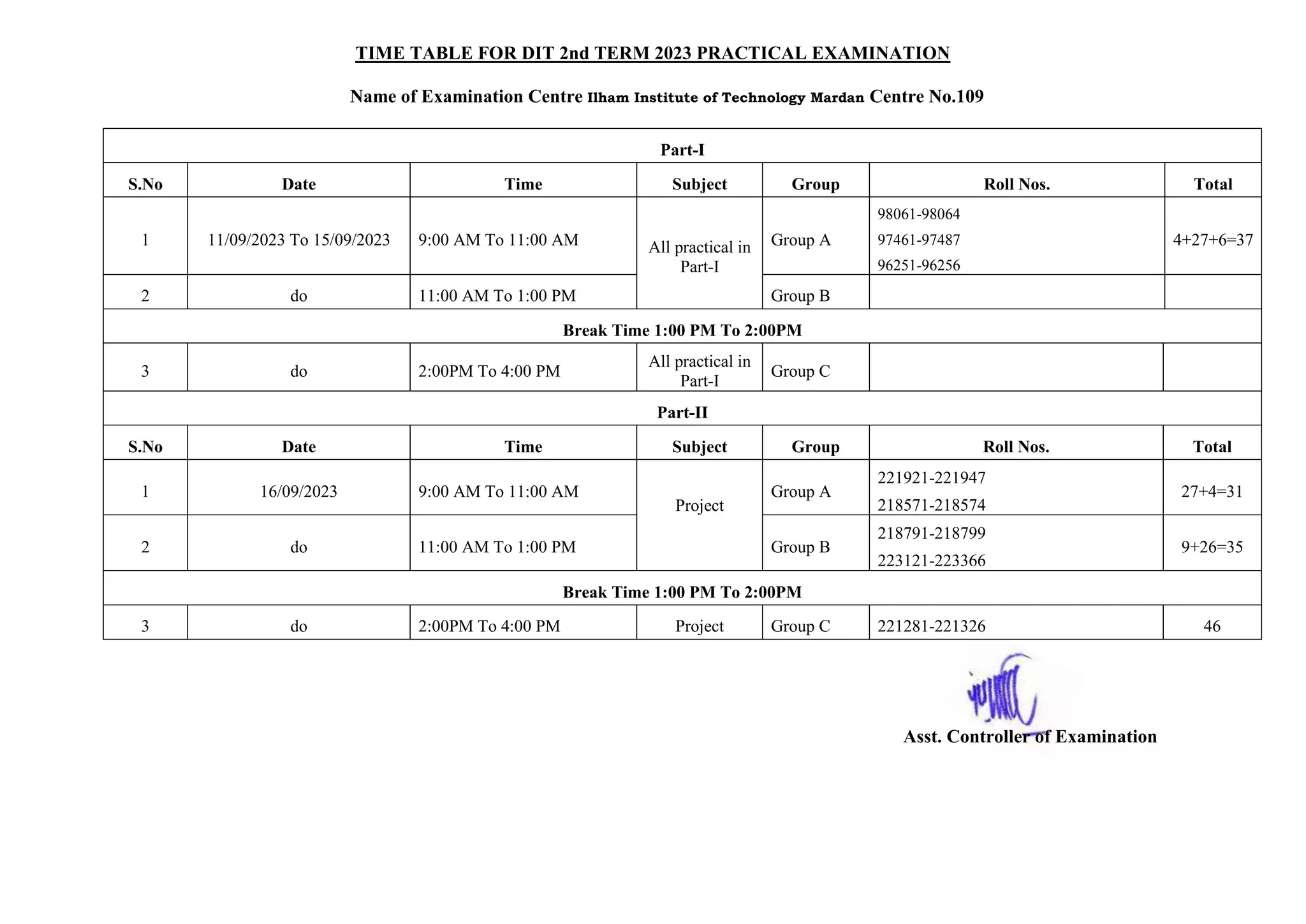 TIME TABLE FOR DIT 2nd TERM 2023 PRACTICAL EXAMINATION
Name of Examination Centre Ilham Institute of Technology Mardan Centre No.109
Part-I
S.No Date Time Subject Group Roll Nos. Total
1 11/09/2023 To 15/09/2023 9:00 AM To 11:00 AM All practical in
Part-I
Group A
98061-98064
97461-97487
96251-96256
4+27+6=37
2 do 11:00 AM To 1:00 PM Group B
Break Time 1:00 PM To 2:00PM
3 do 2:00PM To 4:00 PM
All practical in
Part-I
Group C
Part-II
S.No Date Time Subject Group Roll Nos. Total
1 16/09/2023 9:00 AM To 11:00 AM
Project
Group A
221921-221947
218571-218574
27+4=31
2 do 11:00 AM To 1:00 PM Group B
218791-218799
223121-223366
9+26=35
Break Time 1:00 PM To 2:00PM
3 do 2:00PM To 4:00 PM Project Group C 221281-221326 46
Asst. Controller of Examination
 