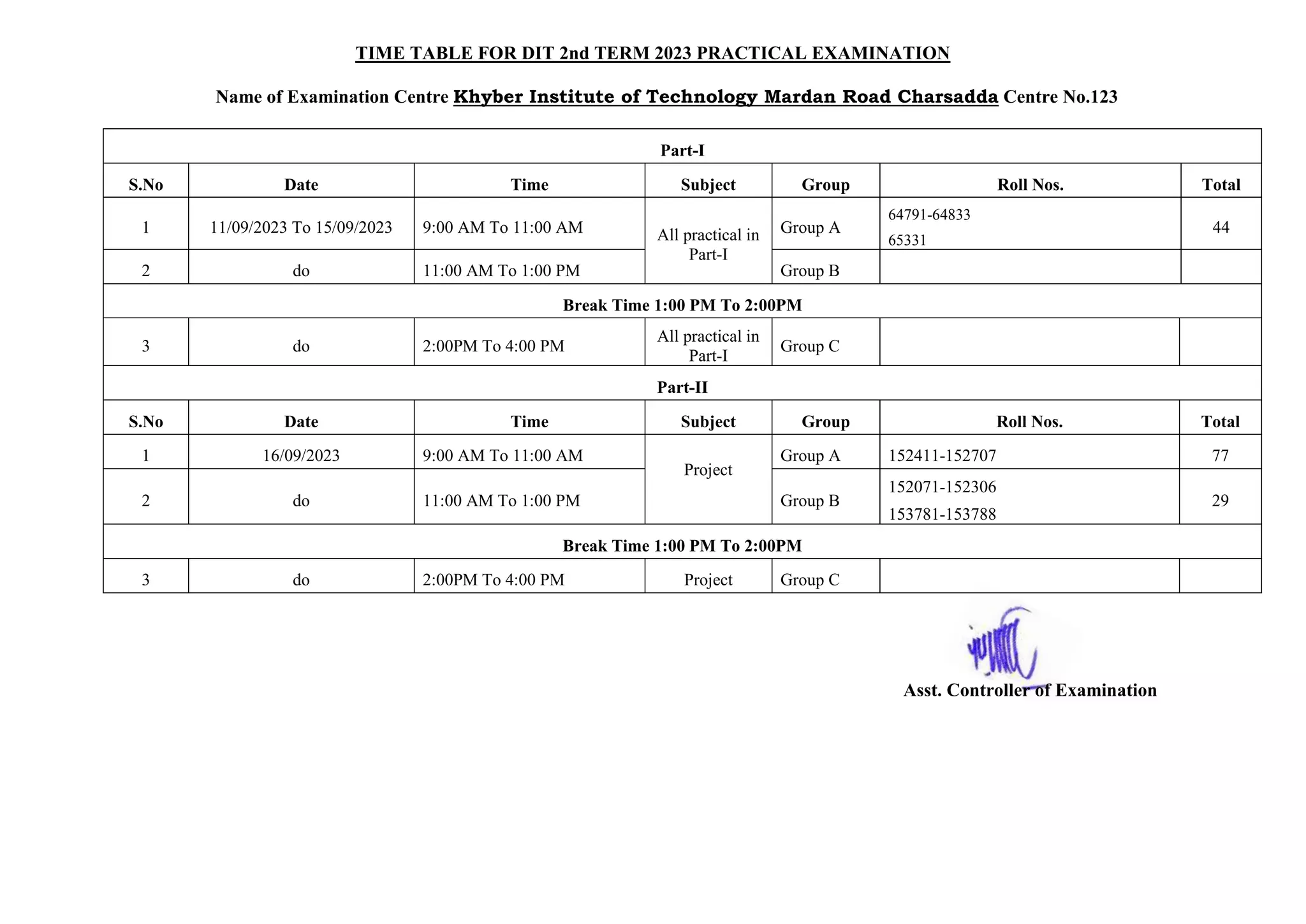 TIME TABLE FOR DIT 2nd TERM 2023 PRACTICAL EXAMINATION
Name of Examination Centre Khyber Institute of Technology Mardan Road Charsadda Centre No.123
Part-I
S.No Date Time Subject Group Roll Nos. Total
1 11/09/2023 To 15/09/2023 9:00 AM To 11:00 AM All practical in
Part-I
Group A
64791-64833
65331
44
2 do 11:00 AM To 1:00 PM Group B
Break Time 1:00 PM To 2:00PM
3 do 2:00PM To 4:00 PM
All practical in
Part-I
Group C
Part-II
S.No Date Time Subject Group Roll Nos. Total
1 16/09/2023 9:00 AM To 11:00 AM
Project
Group A 152411-152707 77
2 do 11:00 AM To 1:00 PM Group B
152071-152306
153781-153788
29
Break Time 1:00 PM To 2:00PM
3 do 2:00PM To 4:00 PM Project Group C
Asst. Controller of Examination
 