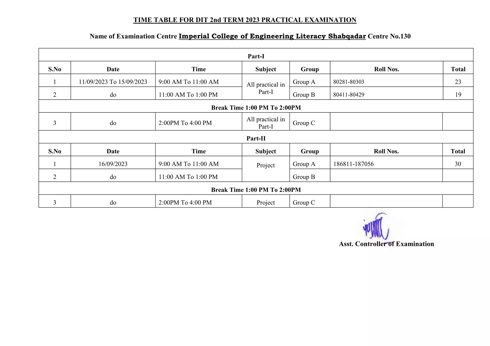 TIME TABLE FOR DIT 2nd TERM 2023 PRACTICAL EXAMINATION
Name of Examination Centre Imperial College of Engineering Literacy Shabqadar Centre No.130
Part-I
S.No Date Time Subject Group Roll Nos. Total
1 11/09/2023 To 15/09/2023 9:00 AM To 11:00 AM All practical in
Part-I
Group A 80281-80303 23
2 do 11:00 AM To 1:00 PM Group B 80411-80429 19
Break Time 1:00 PM To 2:00PM
3 do 2:00PM To 4:00 PM
All practical in
Part-I
Group C
Part-II
S.No Date Time Subject Group Roll Nos. Total
1 16/09/2023 9:00 AM To 11:00 AM Project Group A 186811-187056 30
2 do 11:00 AM To 1:00 PM Group B
Break Time 1:00 PM To 2:00PM
3 do 2:00PM To 4:00 PM Project Group C
Asst. Controller of Examination
 