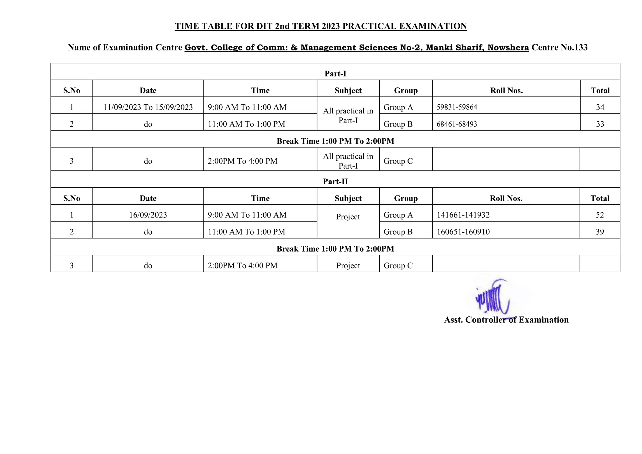 TIME TABLE FOR DIT 2nd TERM 2023 PRACTICAL EXAMINATION
Name of Examination Centre Govt. College of Comm: & Management Sciences No-2, Manki Sharif, Nowshera Centre No.133
Part-I
S.No Date Time Subject Group Roll Nos. Total
1 11/09/2023 To 15/09/2023 9:00 AM To 11:00 AM All practical in
Part-I
Group A 59831-59864 34
2 do 11:00 AM To 1:00 PM Group B 68461-68493 33
Break Time 1:00 PM To 2:00PM
3 do 2:00PM To 4:00 PM
All practical in
Part-I
Group C
Part-II
S.No Date Time Subject Group Roll Nos. Total
1 16/09/2023 9:00 AM To 11:00 AM Project Group A 141661-141932 52
2 do 11:00 AM To 1:00 PM Group B 160651-160910 39
Break Time 1:00 PM To 2:00PM
3 do 2:00PM To 4:00 PM Project Group C
Asst. Controller of Examination
 