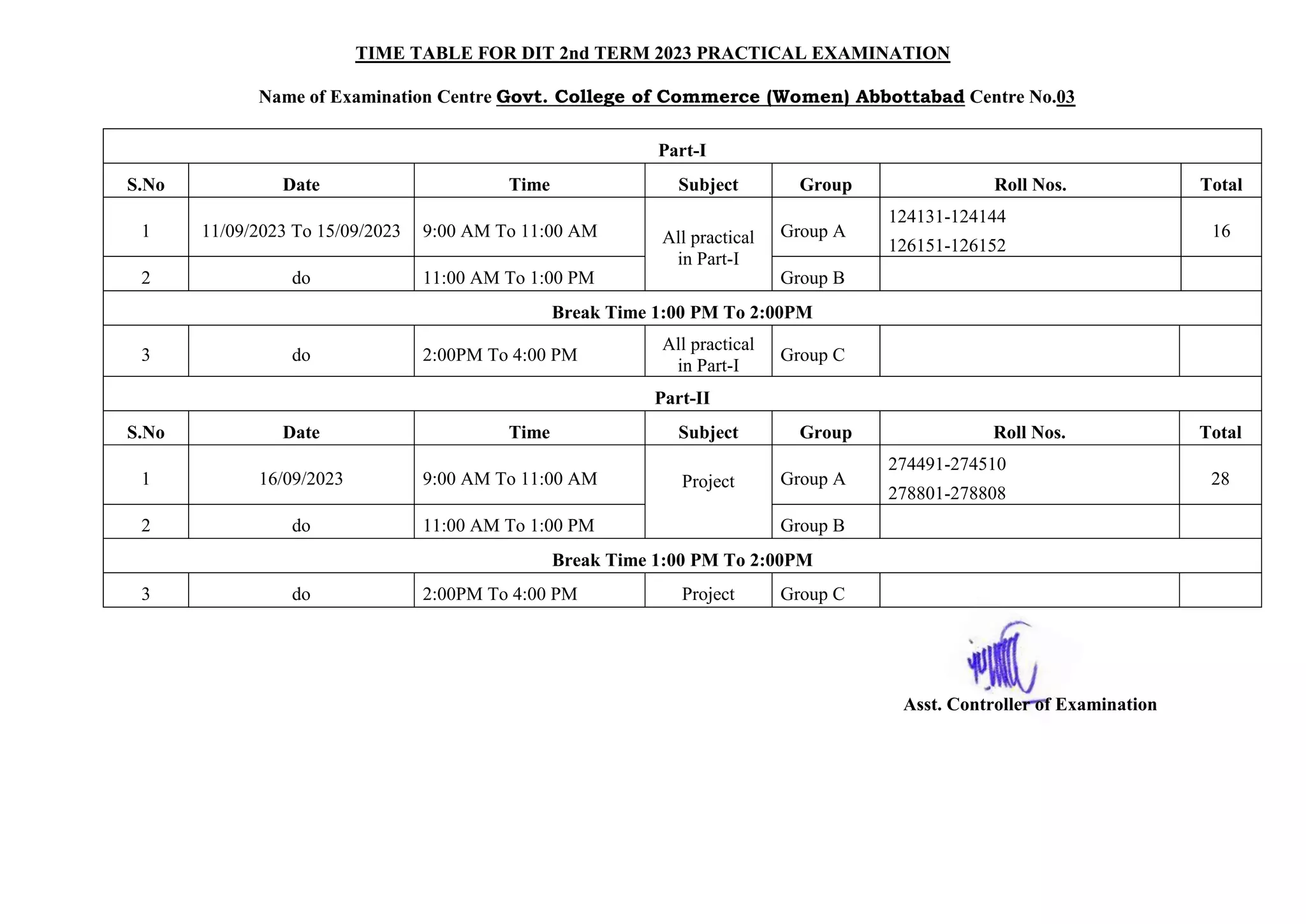 TIME TABLE FOR DIT 2nd TERM 2023 PRACTICAL EXAMINATION
Name of Examination Centre Govt. College of Commerce (Women) Abbottabad Centre No.03
Part-I
S.No Date Time Subject Group Roll Nos. Total
1 11/09/2023 To 15/09/2023 9:00 AM To 11:00 AM All practical
in Part-I
Group A
124131-124144
126151-126152
16
2 do 11:00 AM To 1:00 PM Group B
Break Time 1:00 PM To 2:00PM
3 do 2:00PM To 4:00 PM
All practical
in Part-I
Group C
Part-II
S.No Date Time Subject Group Roll Nos. Total
1 16/09/2023 9:00 AM To 11:00 AM Project Group A
274491-274510
278801-278808
28
2 do 11:00 AM To 1:00 PM Group B
Break Time 1:00 PM To 2:00PM
3 do 2:00PM To 4:00 PM Project Group C
Asst. Controller of Examination
 