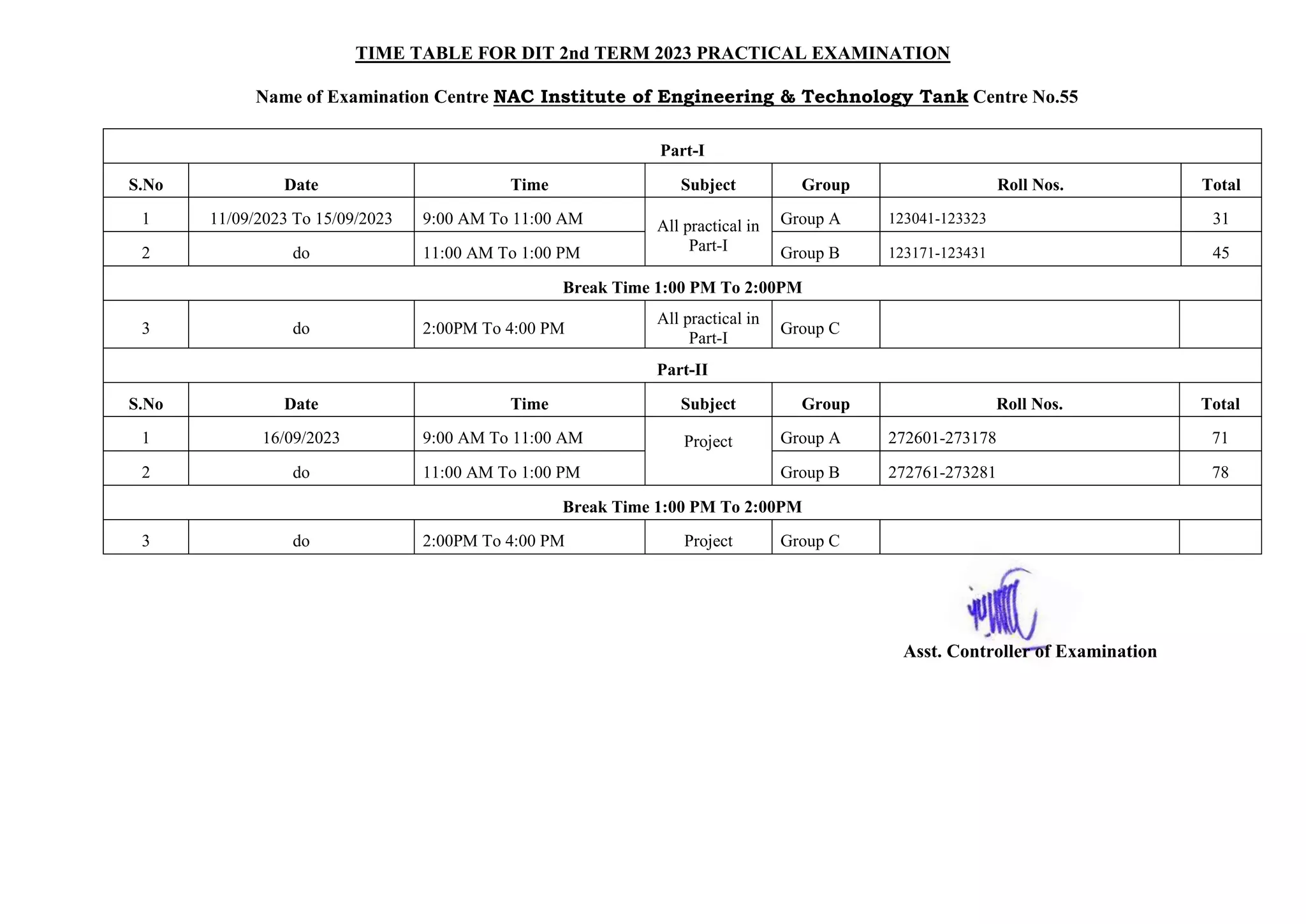 TIME TABLE FOR DIT 2nd TERM 2023 PRACTICAL EXAMINATION
Name of Examination Centre NAC Institute of Engineering & Technology Tank Centre No.55
Part-I
S.No Date Time Subject Group Roll Nos. Total
1 11/09/2023 To 15/09/2023 9:00 AM To 11:00 AM All practical in
Part-I
Group A 123041-123323 31
2 do 11:00 AM To 1:00 PM Group B 123171-123431 45
Break Time 1:00 PM To 2:00PM
3 do 2:00PM To 4:00 PM
All practical in
Part-I
Group C
Part-II
S.No Date Time Subject Group Roll Nos. Total
1 16/09/2023 9:00 AM To 11:00 AM Project Group A 272601-273178 71
2 do 11:00 AM To 1:00 PM Group B 272761-273281 78
Break Time 1:00 PM To 2:00PM
3 do 2:00PM To 4:00 PM Project Group C
Asst. Controller of Examination
 