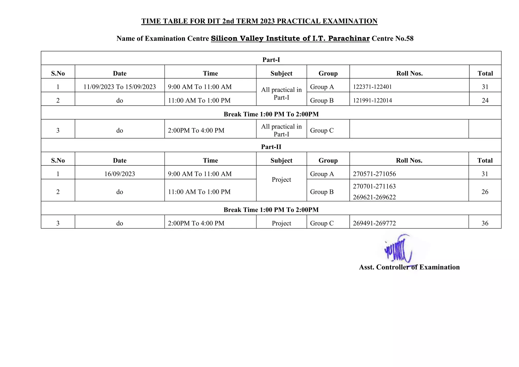 TIME TABLE FOR DIT 2nd TERM 2023 PRACTICAL EXAMINATION
Name of Examination Centre Silicon Valley Institute of I.T. Parachinar Centre No.58
Part-I
S.No Date Time Subject Group Roll Nos. Total
1 11/09/2023 To 15/09/2023 9:00 AM To 11:00 AM All practical in
Part-I
Group A 122371-122401 31
2 do 11:00 AM To 1:00 PM Group B 121991-122014 24
Break Time 1:00 PM To 2:00PM
3 do 2:00PM To 4:00 PM
All practical in
Part-I
Group C
Part-II
S.No Date Time Subject Group Roll Nos. Total
1 16/09/2023 9:00 AM To 11:00 AM
Project
Group A 270571-271056 31
2 do 11:00 AM To 1:00 PM Group B
270701-271163
269621-269622
26
Break Time 1:00 PM To 2:00PM
3 do 2:00PM To 4:00 PM Project Group C 269491-269772 36
Asst. Controller of Examination
 