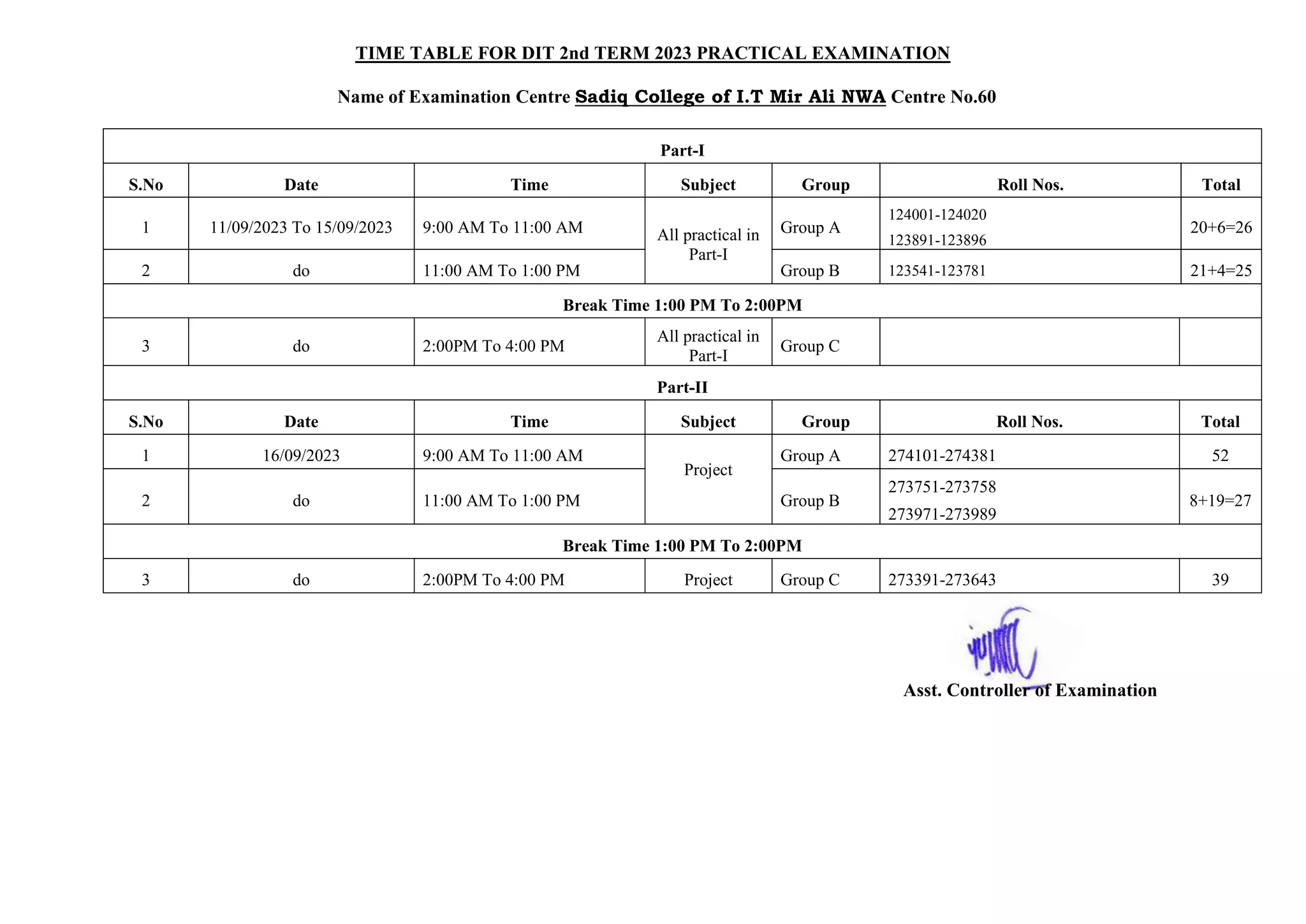 TIME TABLE FOR DIT 2nd TERM 2023 PRACTICAL EXAMINATION
Name of Examination Centre Sadiq College of I.T Mir Ali NWA Centre No.60
Part-I
S.No Date Time Subject Group Roll Nos. Total
1 11/09/2023 To 15/09/2023 9:00 AM To 11:00 AM All practical in
Part-I
Group A
124001-124020
123891-123896
20+6=26
2 do 11:00 AM To 1:00 PM Group B 123541-123781 21+4=25
Break Time 1:00 PM To 2:00PM
3 do 2:00PM To 4:00 PM
All practical in
Part-I
Group C
Part-II
S.No Date Time Subject Group Roll Nos. Total
1 16/09/2023 9:00 AM To 11:00 AM
Project
Group A 274101-274381 52
2 do 11:00 AM To 1:00 PM Group B
273751-273758
273971-273989
8+19=27
Break Time 1:00 PM To 2:00PM
3 do 2:00PM To 4:00 PM Project Group C 273391-273643 39
Asst. Controller of Examination
 