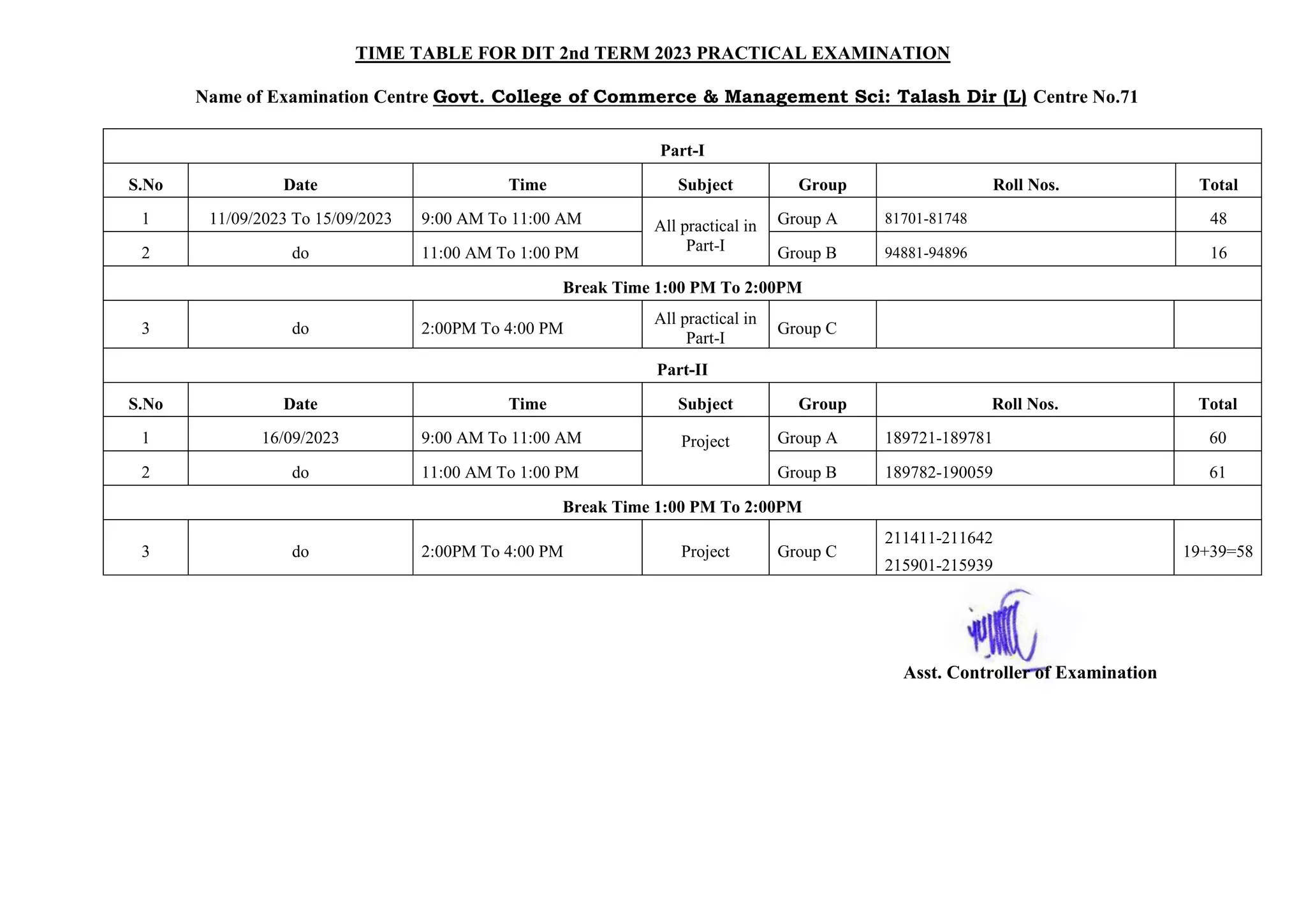 TIME TABLE FOR DIT 2nd TERM 2023 PRACTICAL EXAMINATION
Name of Examination Centre Govt. College of Commerce & Management Sci: Talash Dir (L) Centre No.71
Part-I
S.No Date Time Subject Group Roll Nos. Total
1 11/09/2023 To 15/09/2023 9:00 AM To 11:00 AM All practical in
Part-I
Group A 81701-81748 48
2 do 11:00 AM To 1:00 PM Group B 94881-94896 16
Break Time 1:00 PM To 2:00PM
3 do 2:00PM To 4:00 PM
All practical in
Part-I
Group C
Part-II
S.No Date Time Subject Group Roll Nos. Total
1 16/09/2023 9:00 AM To 11:00 AM Project Group A 189721-189781 60
2 do 11:00 AM To 1:00 PM Group B 189782-190059 61
Break Time 1:00 PM To 2:00PM
3 do 2:00PM To 4:00 PM Project Group C
211411-211642
215901-215939
19+39=58
Asst. Controller of Examination
 