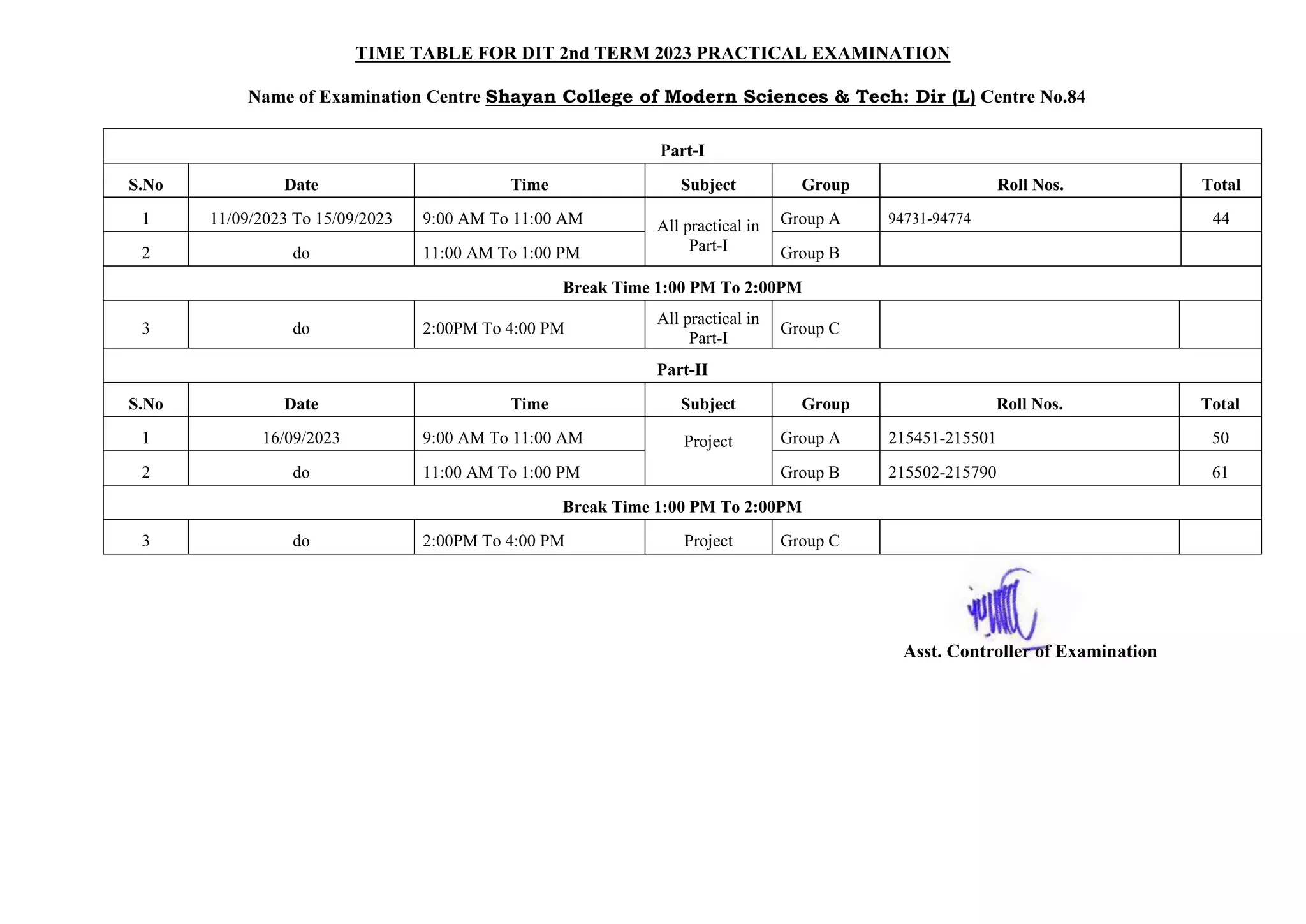TIME TABLE FOR DIT 2nd TERM 2023 PRACTICAL EXAMINATION
Name of Examination Centre Shayan College of Modern Sciences & Tech: Dir (L) Centre No.84
Part-I
S.No Date Time Subject Group Roll Nos. Total
1 11/09/2023 To 15/09/2023 9:00 AM To 11:00 AM All practical in
Part-I
Group A 94731-94774 44
2 do 11:00 AM To 1:00 PM Group B
Break Time 1:00 PM To 2:00PM
3 do 2:00PM To 4:00 PM
All practical in
Part-I
Group C
Part-II
S.No Date Time Subject Group Roll Nos. Total
1 16/09/2023 9:00 AM To 11:00 AM Project Group A 215451-215501 50
2 do 11:00 AM To 1:00 PM Group B 215502-215790 61
Break Time 1:00 PM To 2:00PM
3 do 2:00PM To 4:00 PM Project Group C
Asst. Controller of Examination
 